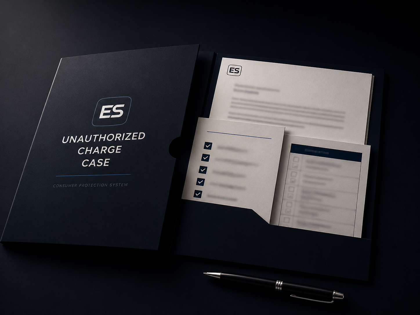 First Bank Action product visual showing an organized unauthorized charge case folder