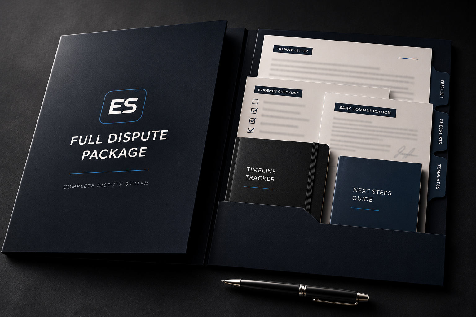 Full Dispute Package product visual showing an organized escalation case file
